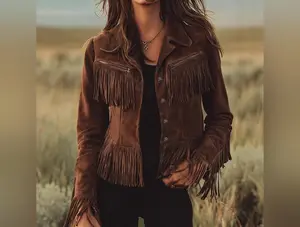 Women's Solid Color Fringe Suede-Look Jacket, Western Style Long Sleeve Button Front Coat For Fall & Winter