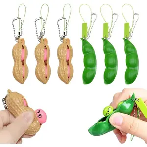 6PCS Squeeze Bean Keychain Fidget Toys Pack for Both Children and Adult (3pcs Pea & 3pcs Peanut)