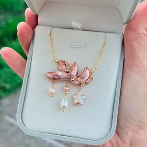 Moon Boat Pearl Pendant Necklace with Star and Pearl Dangles in Elegant Gift Box