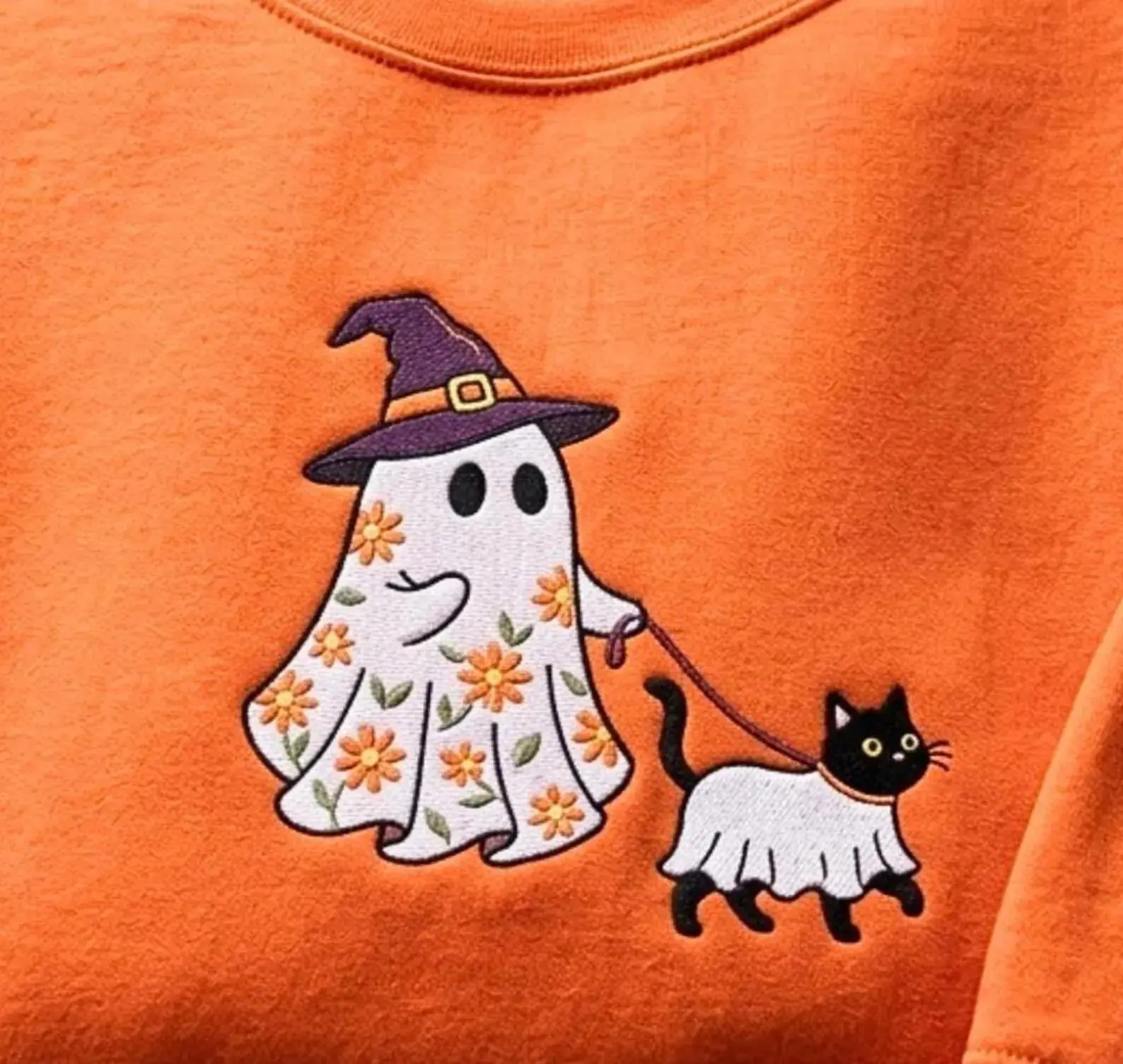 Embroidered Ghost And Cat Halloween Sweatshirt – Cozy Cotton Blend Pullover