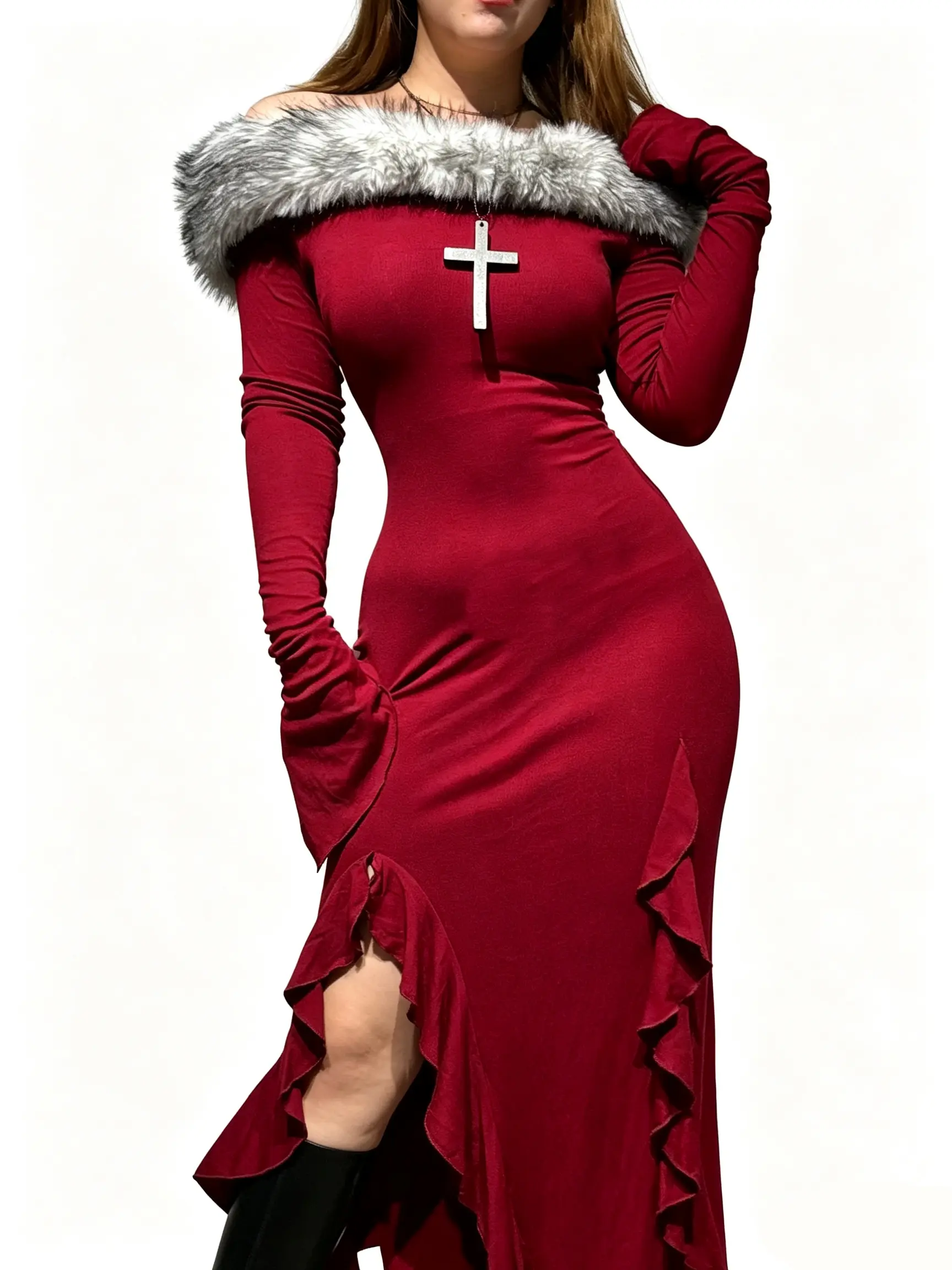 ALIELNOSIRRAH 'Midnight' Burgundy Off Shoulder Bodycon Maxi Dress Long Sleeve Slit Elegant Date Night Dress