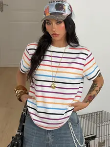 Women's Colorful Striped T-Shirt, Loose-Fit Casual Top, Daily Wear, Commute, Summer, All-Season, Lightweight, Comfortable