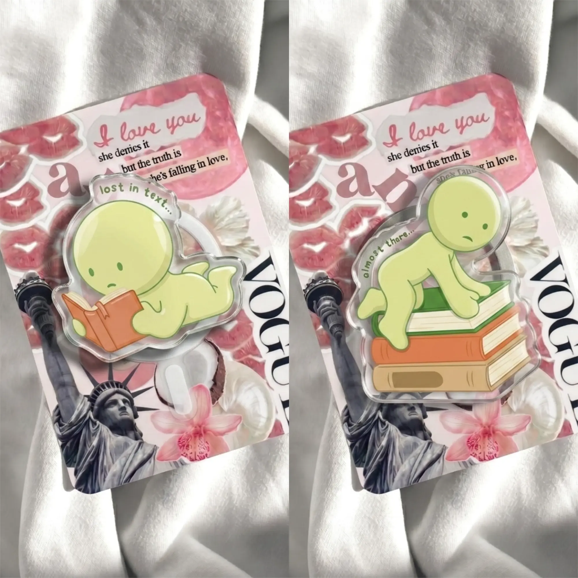 Lost in Text Phone Grip | Cute Green Character Reading Griptok | Aesthetic Bookish Phone Holder | Funny Acrylic Phone Stand for Kindle | Bookworm Gift