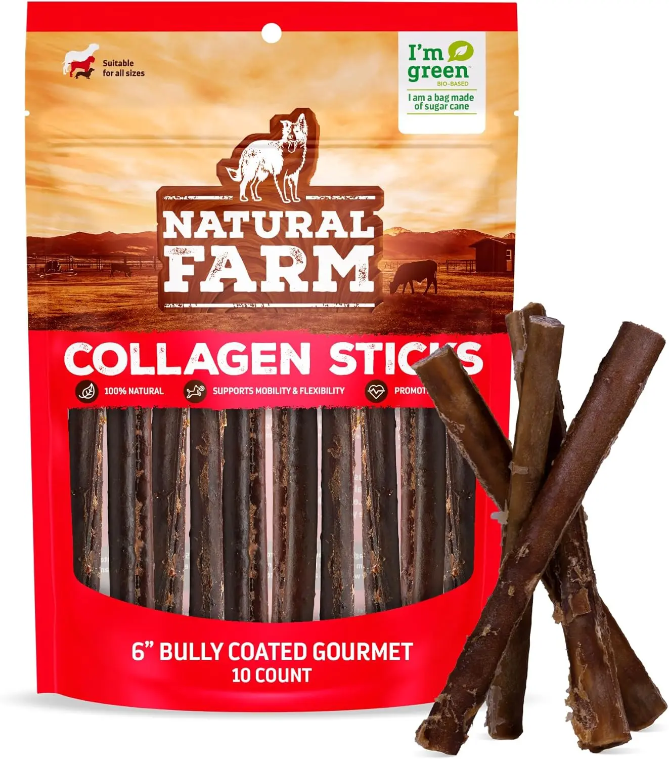 Natural Farm 6-in High Collagen Dog Chew Sticks - 10-Count Gourmet Pack, 95% Collagen, Premium Beef Dental Treats, Long-Lasting, Supports Bone Density, Mobility & Brain Health, Start with 3-5 Minutes Usage, 6 Inches