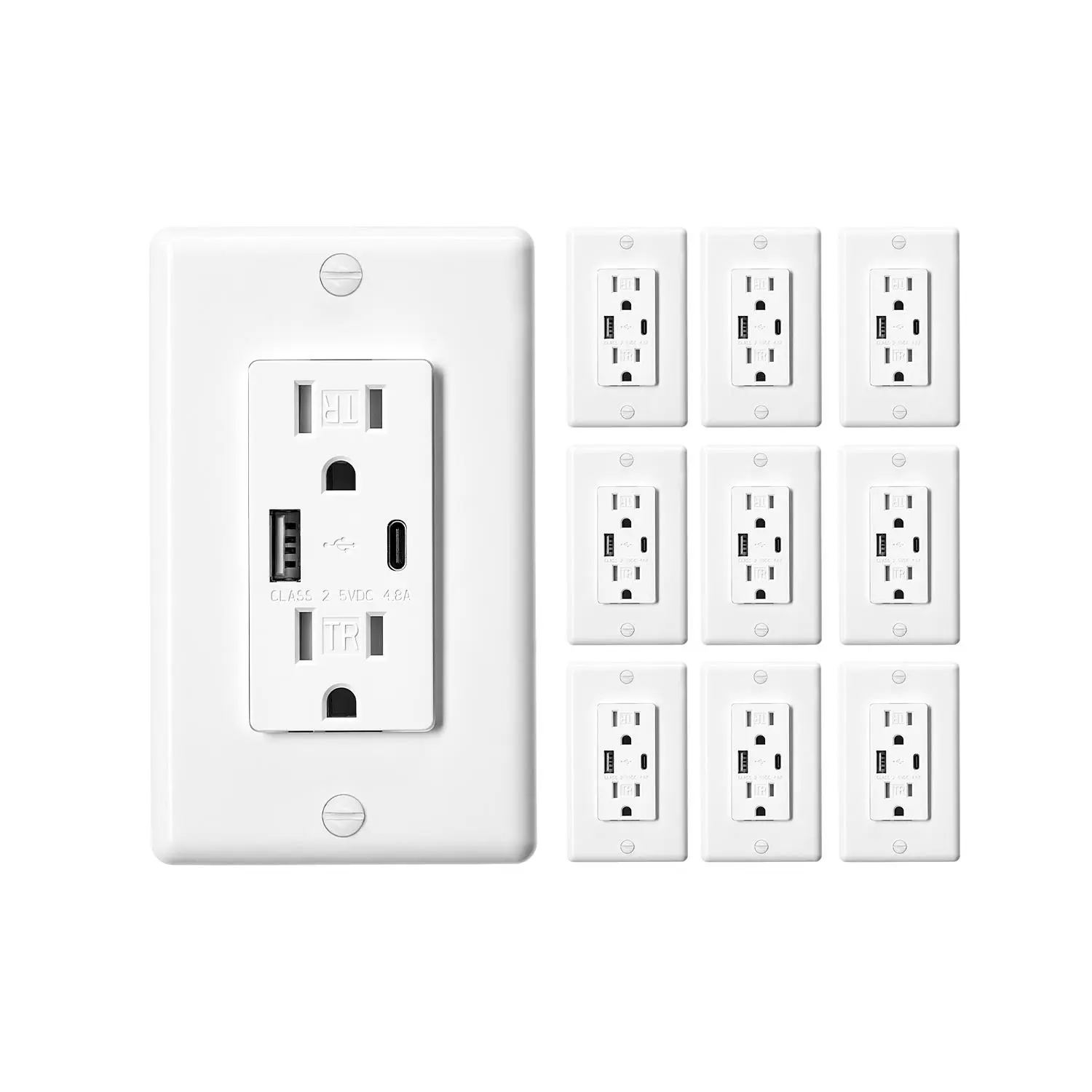 【summerfinds】VEVOR USB Wall Outlet, 24 W 15A Tamper Resistant Electrical Outlet with 1 Type C & 1 Type A Ports, 2 Three-prong AC Outlets, Screwless Wall Plate Included, Charging for Multiple Devices, White