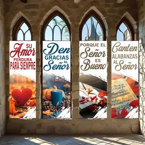 4 Pcs Religious Banners, Polyester Material Christian religious vertical hanging banners with biblical text printed autumn religious theme suitable for church prayer gathering decoration and home devotional space wall adornment to create warm religio
