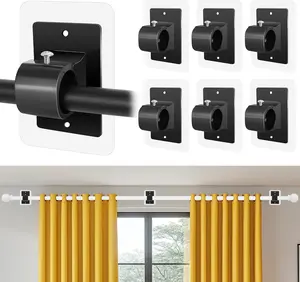6 count No Drill Curtain Rod Brackets,Self Adhesive Curtain Rod Holder No Drilling,Renter Friendly Drapery Rod Hook, Free Adjustable Non Screw Draper Pole for Apartment Window Wall Door Ceiling Mount