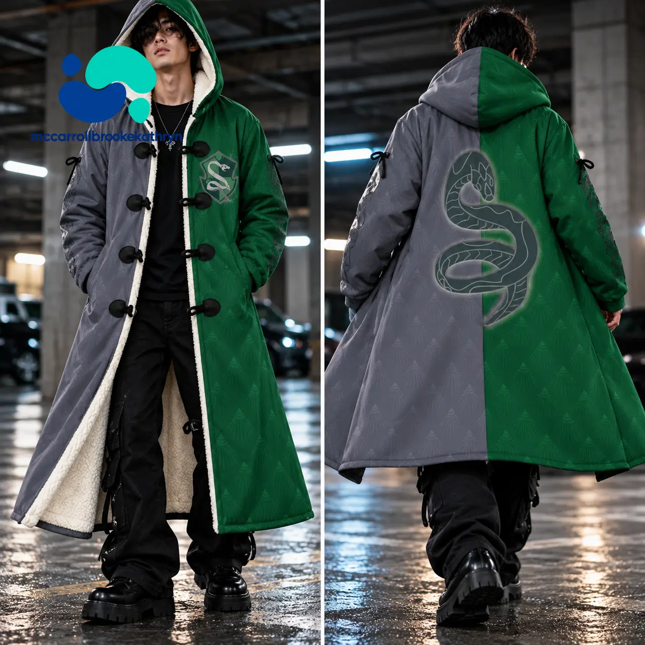 Slytherin Inspired Hooded Cloak Coat, Unisex Green Gray Serpent Crest Long Jacket, White Fleece Lined Wizard School Outerwear, Fantasy Magic Cosplay Streetwear Coat, Gift for Harry Potter Fans