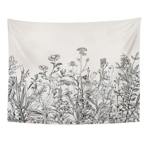 Tapestry Floral Border Herbs And Wild Flowers Botanical Engraving Style Black And White Home Decor Wall Hanging 50\ X 60\ Inches Print For Living Room Bedroom Dorm