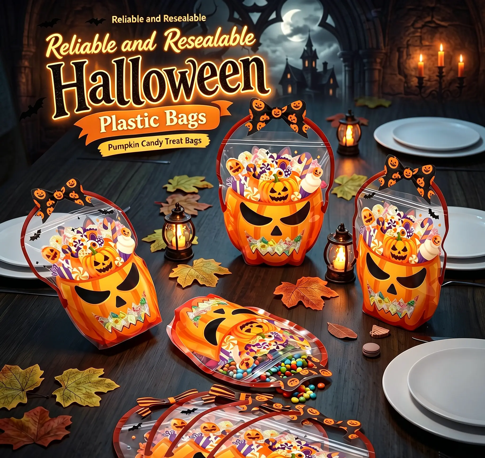 【Summerween】Halloween Pumpkin-Shaped Goodie Bags with Transparent Window, Resealable Zipper Closure, Reinforced Handle & Hanging Hole, Food-Grade PE Material for Trick-or-Treat, Party Favors & Candy Storage