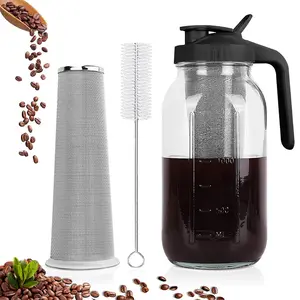 1 PC Cold Brew Coffee Maker 64oz Thickened Mason Jar with Stainless Steel Filter Pour Spout Handle Lid Heavy-Duty Glass Sealed Leak-Proof Jar Ideal for Iced Coffee, Iced Tea, Lemonade, and Homemade Juice Storage