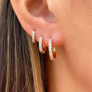 18K gold electroplated brass low sensitivity versatile minimalist circle single-sided zircon inlaid earrings with cool wind ear buckle, multiple ear holes, stacked earrings