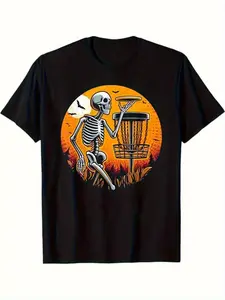 Men's & Women's 100% Cotton Halloween Disc Golf T-Shirt - Skeleton & flying disc Graphic Tee with Spooky Night Sky Design, Casual Short Sleeve Round Neck, Machine Washable, Sizes S-XXXL, Black - Perfect Gift for Disc Golf Players & Halloween Enthusiasts,
