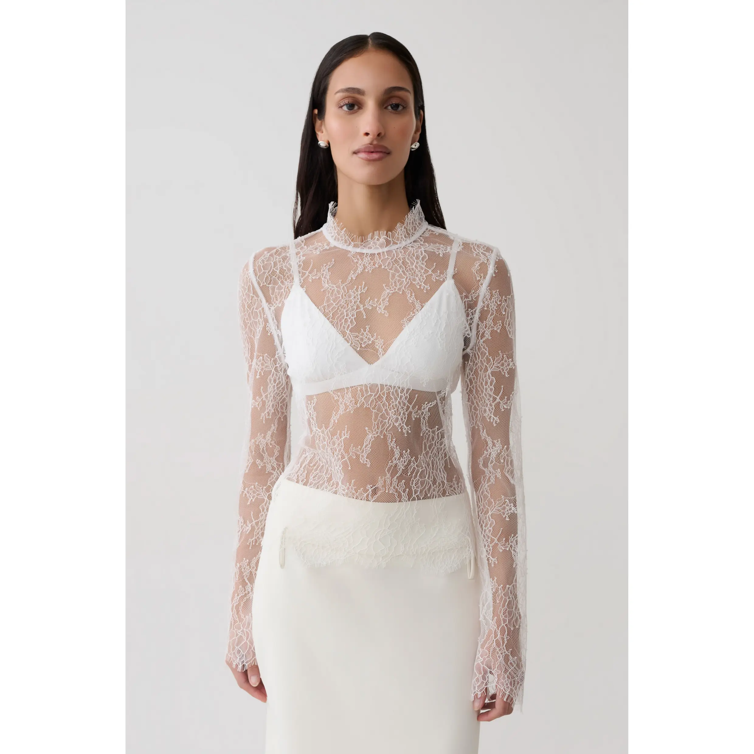 Alizette High Neck Long Sleeve Lace Top - Ivory