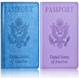 Unisex Minimalist 2pcs Passport Holder Travel Wallet Cover Case, Durable PU Leather Material, Blue & Purple, for Women Men, Travel Essentials for Holidays Business Trips