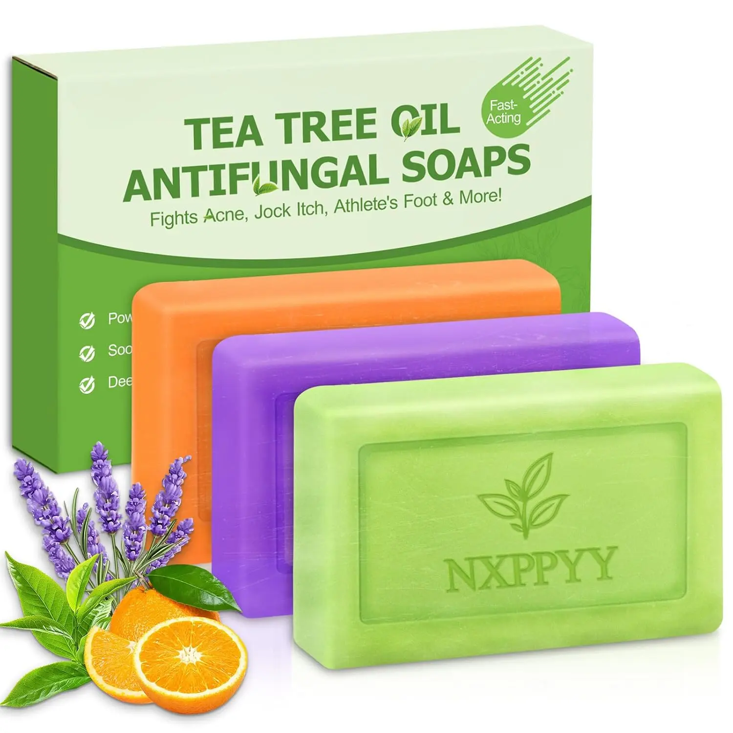 Antifungal Antibacterial Soap Bars with Tea Tree Oil - Body & Face Wash for Acne, Folliculitis, Eczema (3 Bars x 2.82 oz)