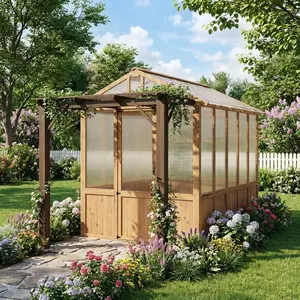 Spacious 8x13FT Outdoor Walk-in Greenhouse with Attached Pergola, Durable Cedar Wood Frame, Roof Vent & Polycarbonate Panels, Perfect Multi-Functional Garden Greenhouse for Backyard Plant Growing