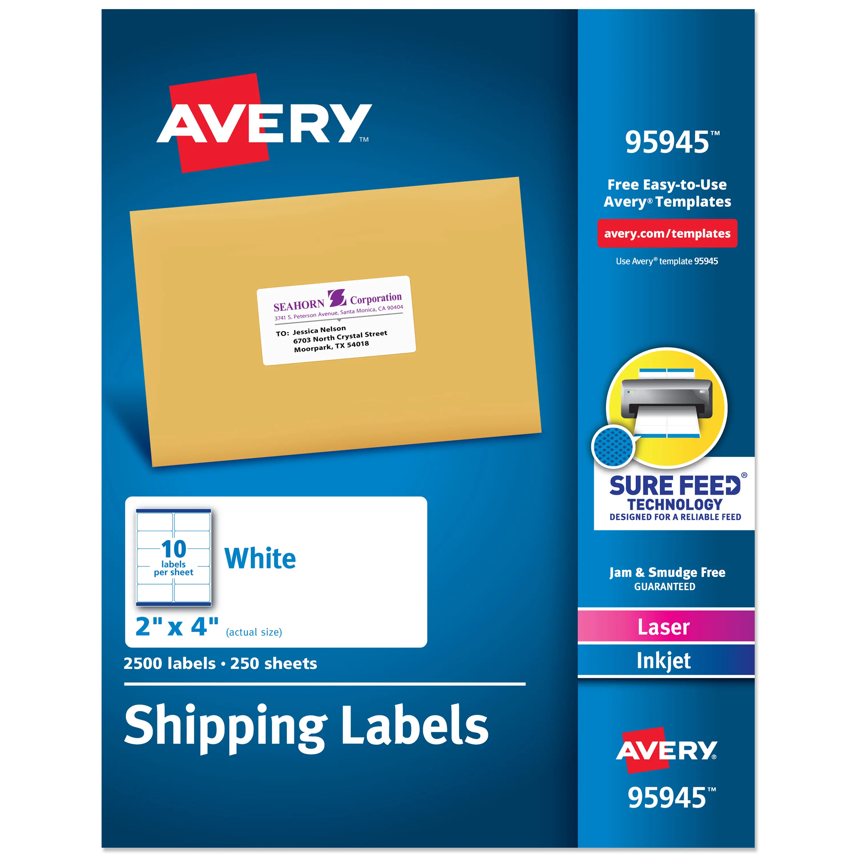 Avery® Printable Shipping Labels, Sure Feed® Technology, 2" x 4" Customizable Stickers, White, 2,500 Blank Mailing Labels, Great for Mailing, Shipping, and More (95945)