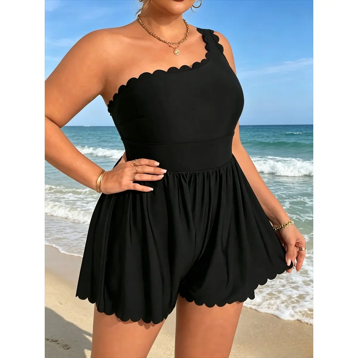 2026 Women's Plus Size Solid Black One-Shoulder Swim Romper, Scallop Trim Neckline & Hem, High Waist Tummy Control Skirted One-Piece Bathing Suit with Built-In Shorts,Summer Vibes, Rompers For Women, Plus Size Clothes, 4Xl