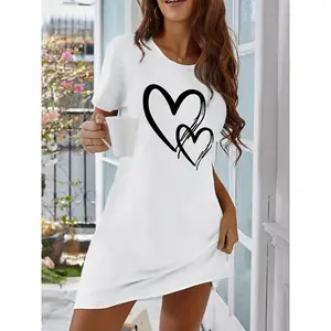 Women's nightgown pajamas summer new white round neck printed love simple leisure home dress pajamas short-sleeved dress homewear comfortable and soft can be worn outside out to meet guests