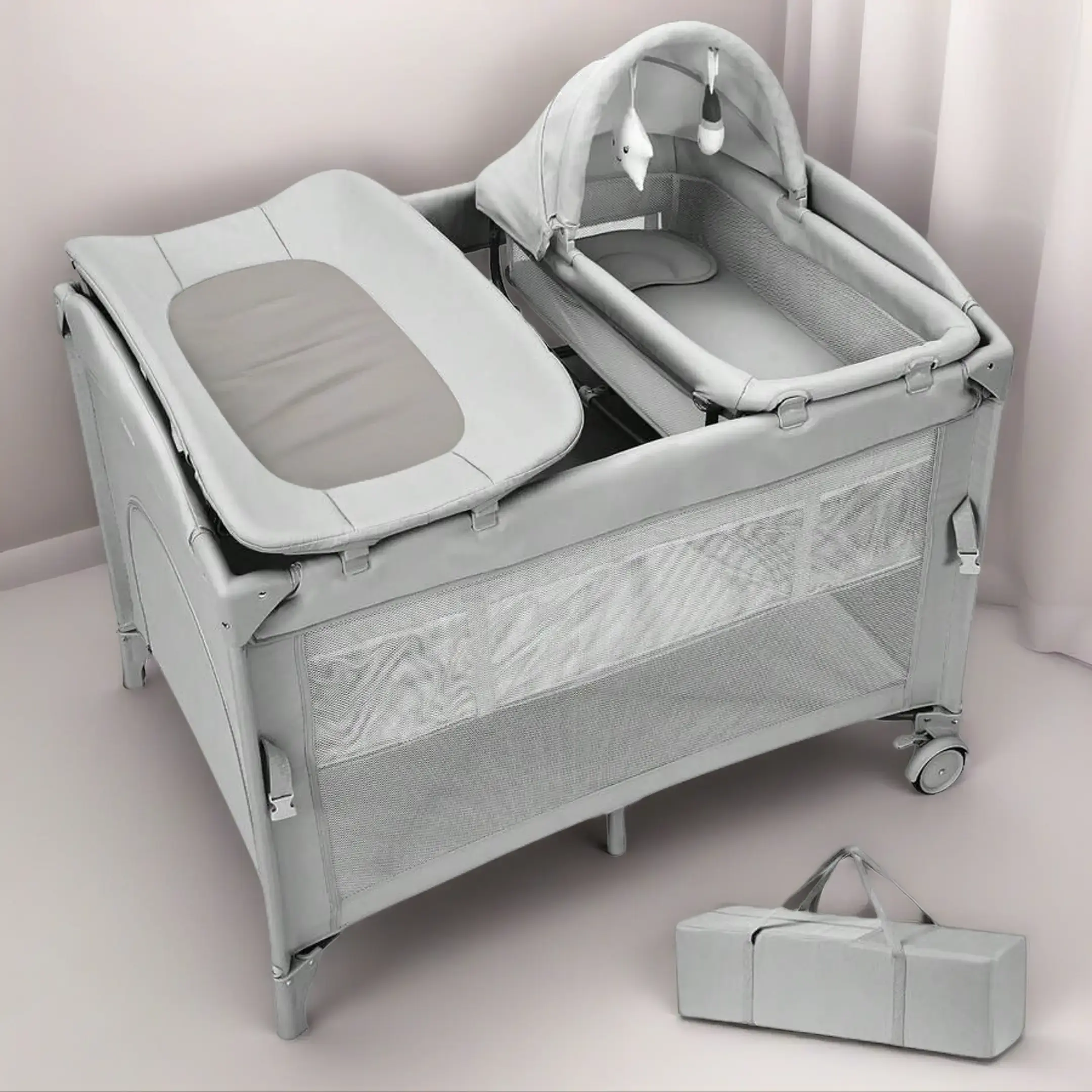 Unisex 5-in-1 Modern Compact Baby Nursery Center Travel Crib, Portable Bedside Sleeper with Bassinet, Crib with Changing Table & Toy Bar, 0-3 Years (10-15 Kg) Secure Playard for Newborns to Toddlers