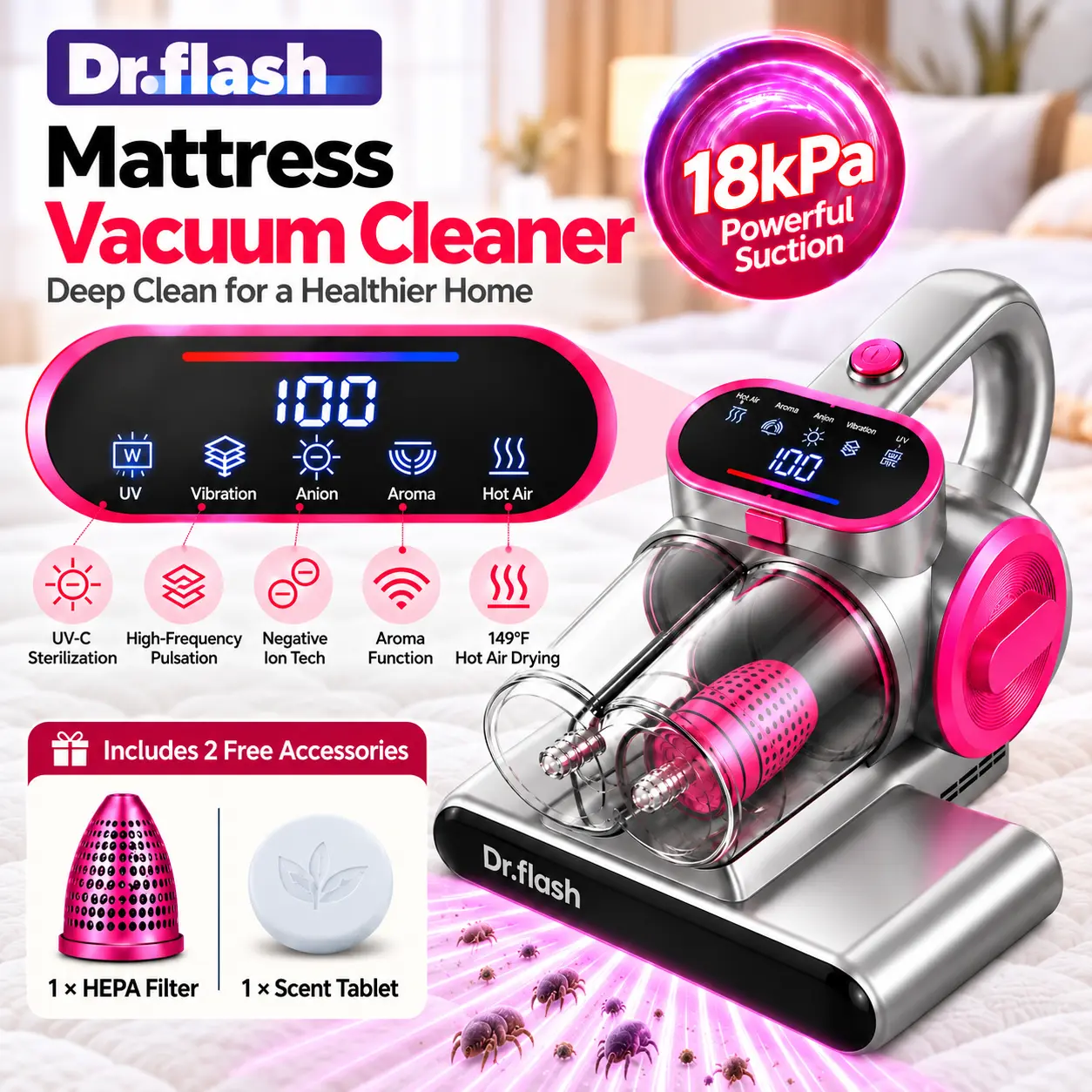 Dr.flash Mattress Vacuum Cleaner for Dust Mites – 18kPa Powerful Suction UV-C Mattress Cleaner with Intelligent LED Display, 149°F Hot Air Sterilization, Aroma & Anion, HEPA Filter, Lightweight Deep Cleaner for Pet Hair on Bed, Sofa for Clean Living