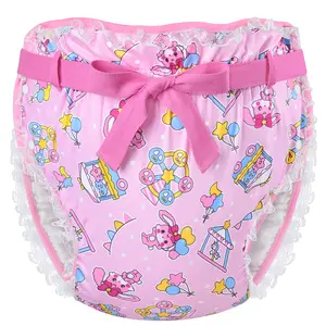 Littleforbig Silky Adult Ribbon Omutsu Diaper Wrap Cover Washable Adjustable Reusable Waterproof - Usagi Pastel Circus Pattern