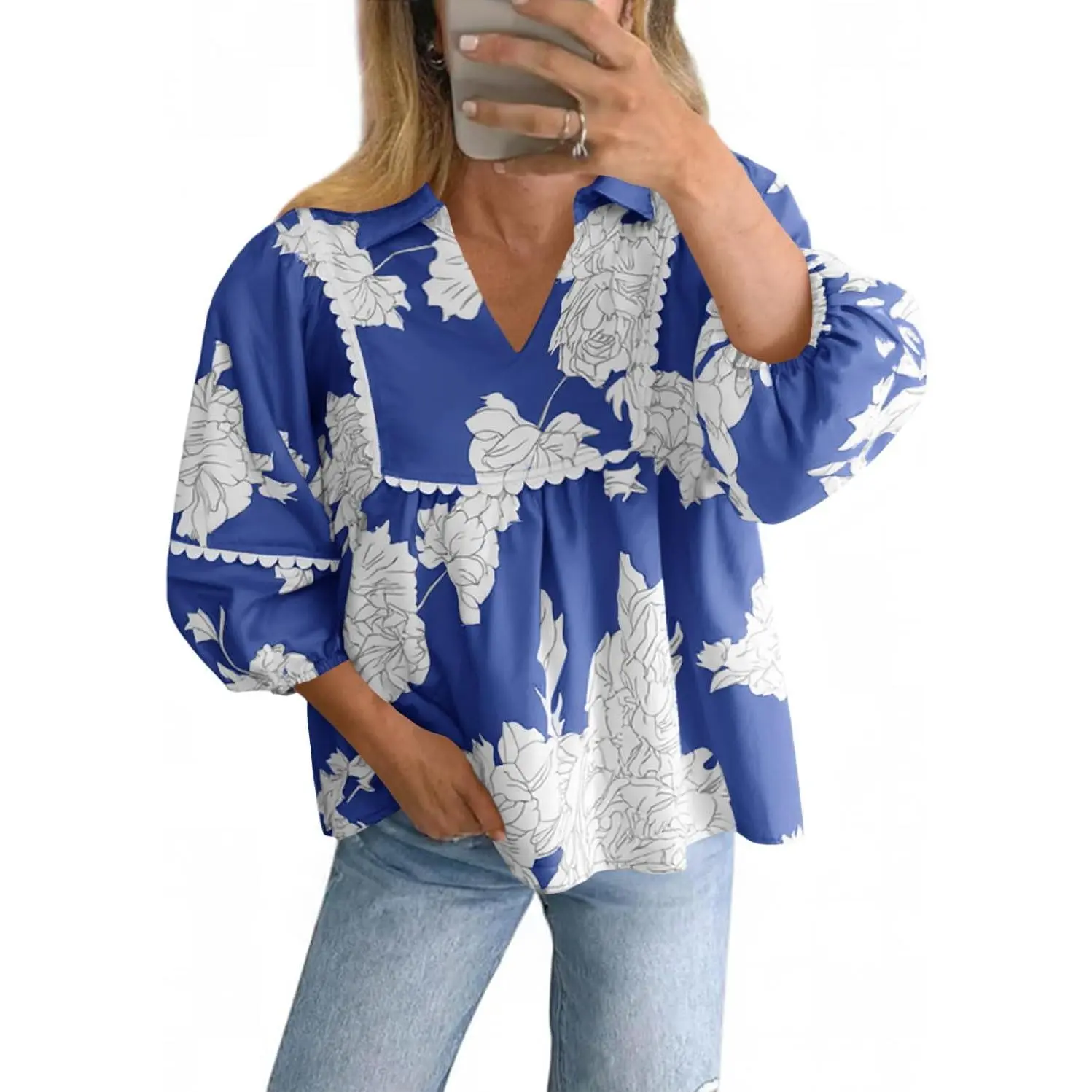 Imily Bela Womens Floral Peplum Babydoll Tops 3/4 Puff Sleeve Pleated Blouse Cute Casual V Neck Loose Fit Flowy Boho Shirts