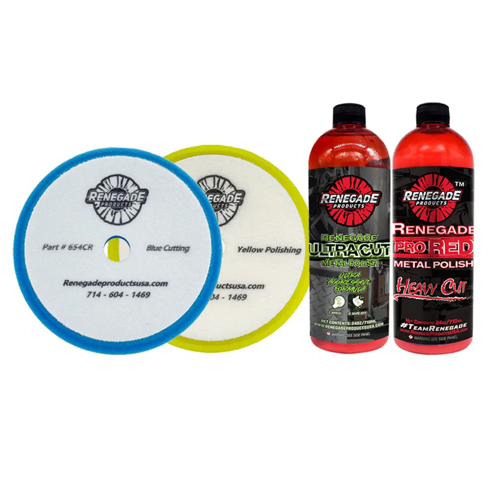 Renegade Products Liquid Cut & Polish Combo – Ultra Cut & Pro Red Metal Polish with Foam Pads for Aluminum & Stainless Steel