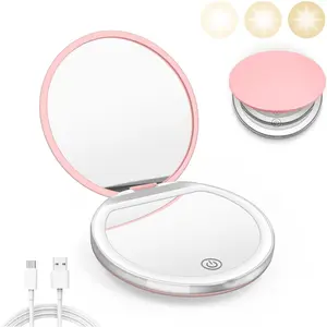 Compact Mirror with Light, 1X/3X Magnification LED Pocket Mirror with USB Data Cable,Mini Mirror for Purse, Pocket,Travel and Present (White)