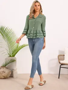 INSPIRE CHIC 3/4 Bell SleeveTops Women's Summer Casual Ruffle Hem Button Down Dressy Eyelet Blouse