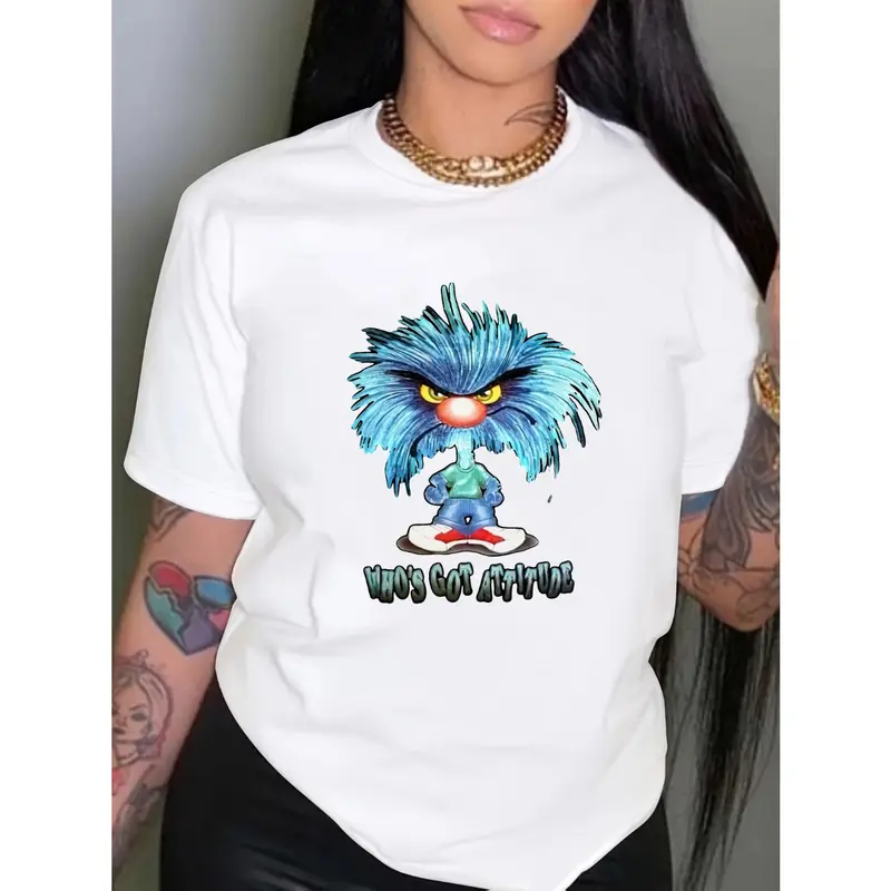 Women's white T-shirt with blue monster graphic and WHO DAT ATTITUDE text for casual wear