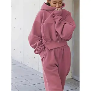 [Solid Color Sports Suit] Two-Piece Solid Color Casual Sports Suit - Long-Sleeved Drawstring Hoodie & Pants Outfits for Women