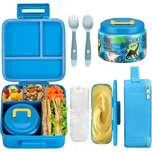 Bento Lunch Box for  With 8oz Soup thermo,Leak-proof Lunch Containers with 5 Compartment,thermo  Jar and Lunch Bag,  Containers for School (A-Blue(Dinosaur))