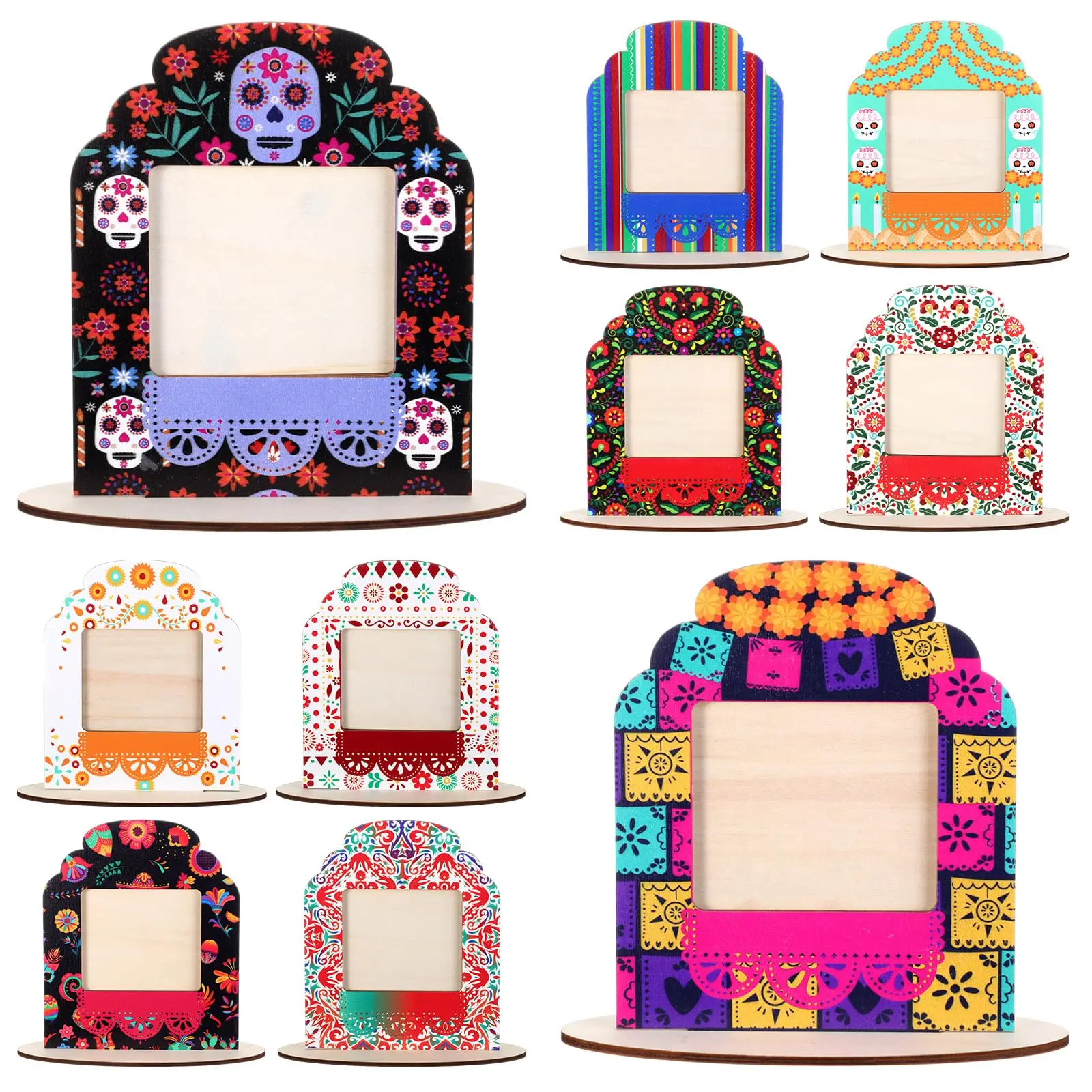 6/10/12/24 Pieces Mexican Dia De Los Muertos Picture Frame Kit, Day of The Dead Ofrenda Altar Photo Frame Mexican Memorial Picture Display Decor for Indoor Recreation Tabletop Altar, Multiple Styles & Size