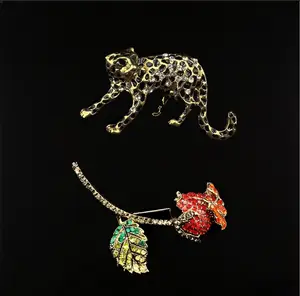 Shimmering leopard print and rose brooch set | Crystal gemstone animal and plant brooch | Fashion accessories