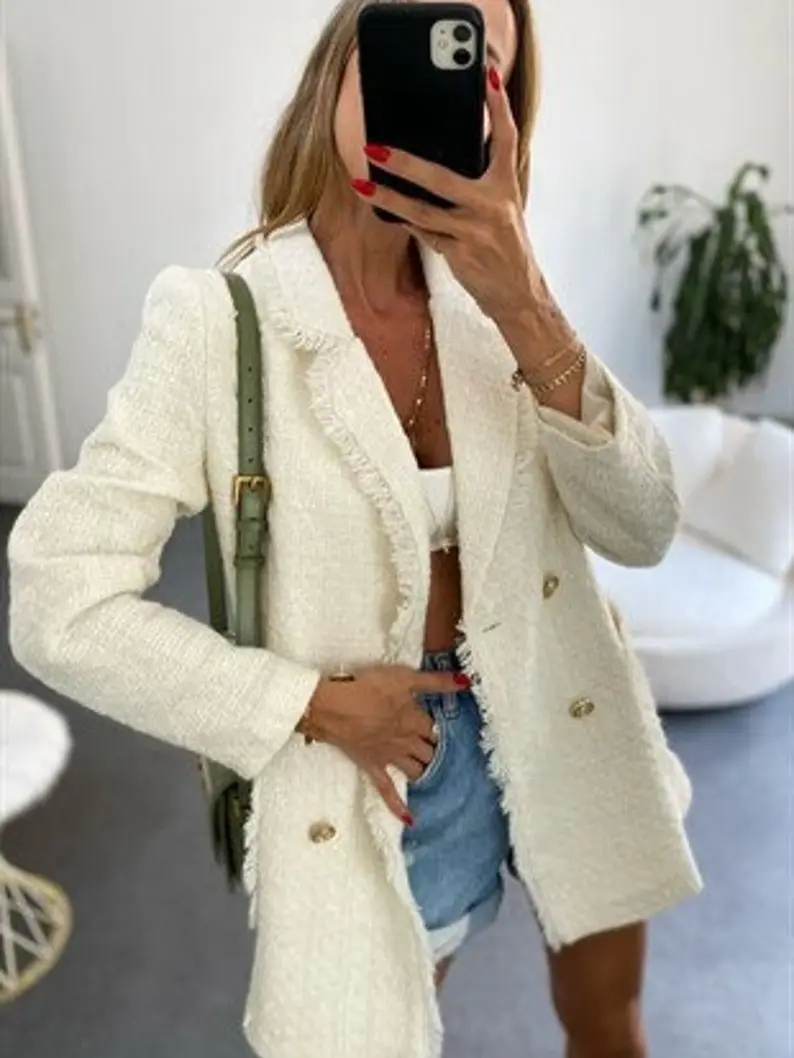 White Tweed Blazer Women, Cream Tweed Jacket 36, Tweed Jacket Korean, Double Breasted Blazer,Wool Blazer,Luxury Blazer, Tassel Blazer