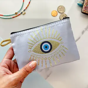 Women's Evil Eye Small Pouch, Handmade Fabric Coin Purse with Tassel and Secure Zipper, Good Luck Protective Charm Gift