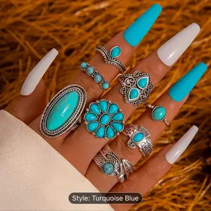 Boho Style Turquoise Texture Rings Set, Vintage Style Rings, Fashion Accessories for Women & Girls, Trendy All-match & Exquisite Jewelry for Birthday Gift