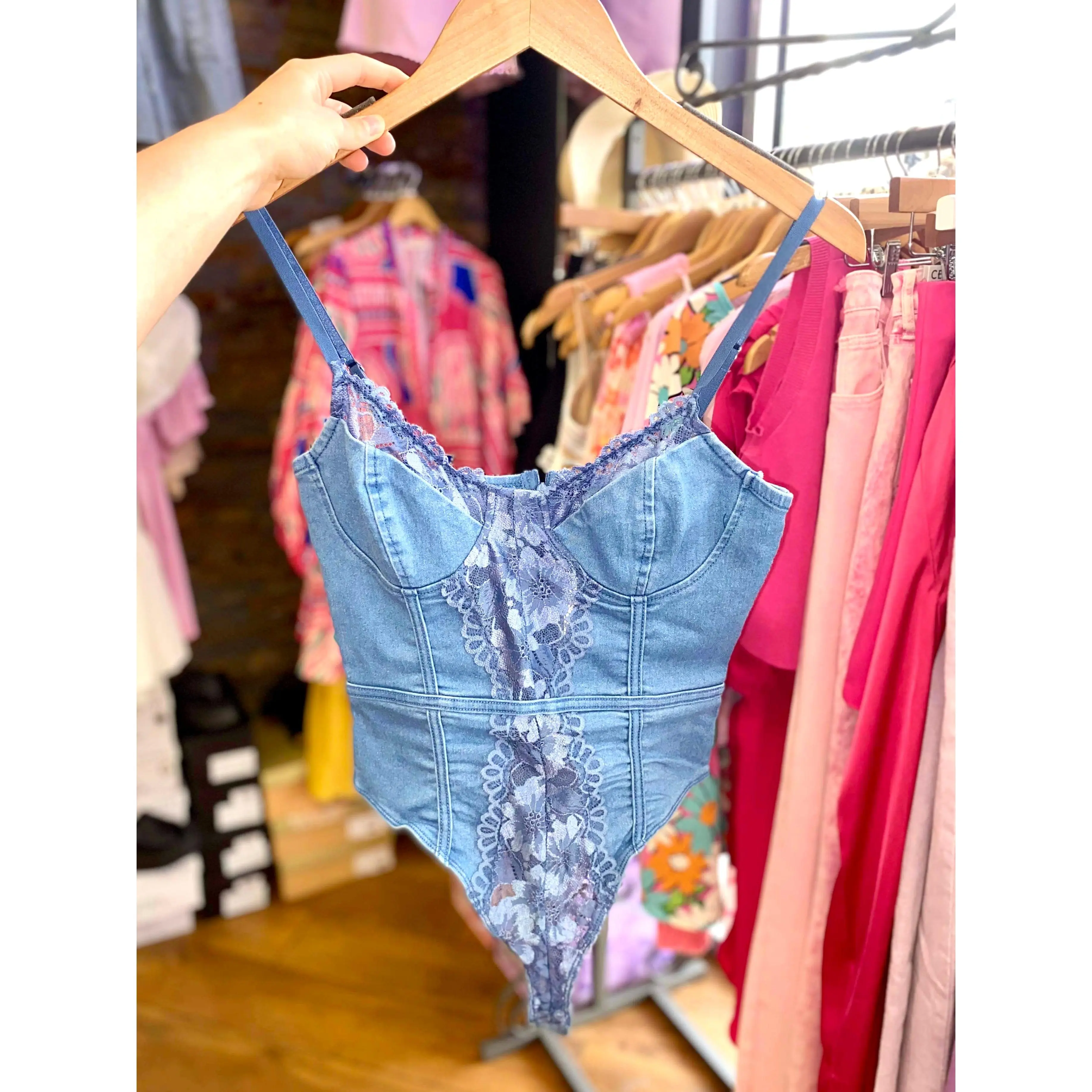 Rochelle Light Denim Sleeveless Lace Bodysuit