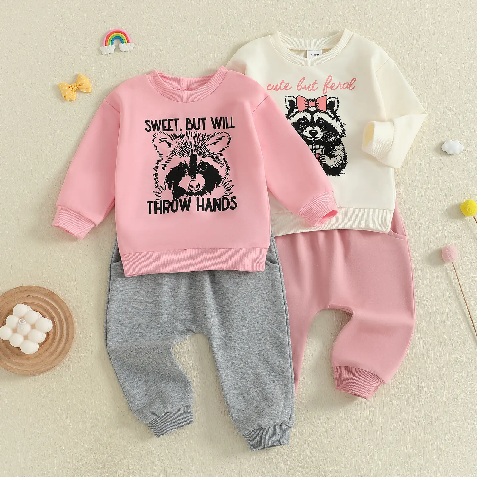 Toddler Girl's Cozy Sweatshirt and Pants Set, Casual Raccoon Letter Print 2-Piece Outfit in Cotton Blend for 9 - 12 Months, Baby Clothing, Animals, Letter Motif, Clothes, Long Sleeve, Pullover, Crew Neck, Casual Set, Girl Toddler, 0-6 Months, Elastane, 12