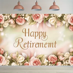 1pc Elegant Floral Retirement Party Banner - Polyester Backdrop with "Happy Retirement" Text, Pink and White Roses Design, Perfect for Home and Wall Decor, Room Decoration, Party Supplies, and Gifts, Retirement Party Decorations