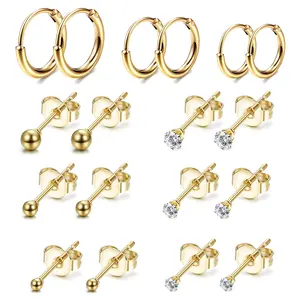OIDEA Cubic Zirconia Stud Hoop Earrings Set for Women, 316 Stainless Steel CZ Cartilage Studs and Hoop Earrings, Multi-Size Earrings Set