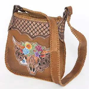 American Darling Large Cross body Bag Hand Tooled Longhorn Floral Hair-On Cowhide Western Leather Purse 11in x 11.5in