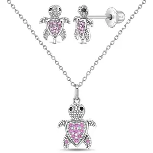 925 Sterling Silver Pink Cubic Zirconia Turtle Necklace Jewelry Set For Girls