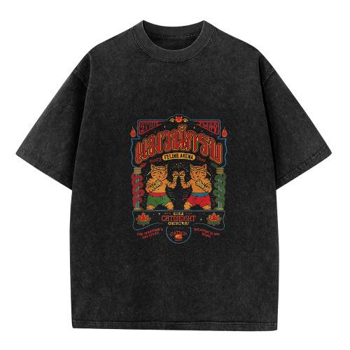 Vintage Washed Muay Thai Tiger Graphic Tee, Oversized Retro Thai Boxing Streetwear T-Shirt for Men Women, Asian Aesthetic Summer Top