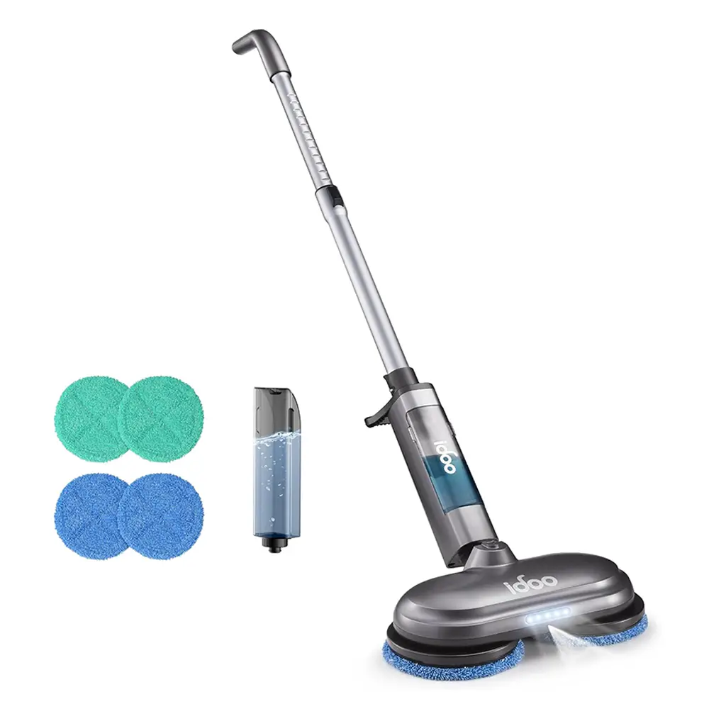 iDOO Dual-Motor Spin Electric Mop with Sprayer & LED Headlight, Cordless Floor Cleaner with Transparent Water Tank & Replacement Cloth, Durable