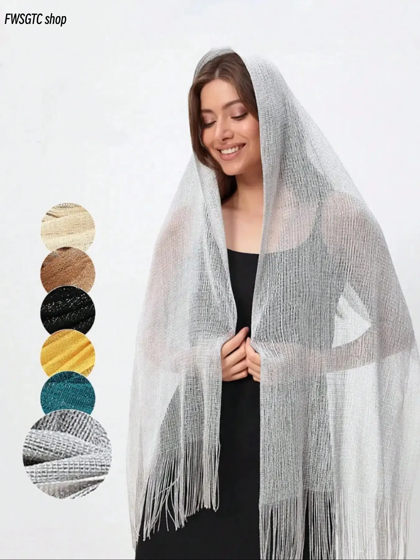 Solid color sequined shawl decorated with delicate fringe tassels. Boho trendy design looks elegant and charming. It can be used as beach scarf or daily wrap, perfect matching accessory for casual looks and party occasions.