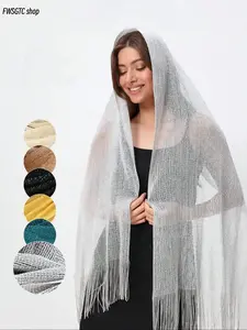 Solid color sequined shawl decorated with delicate fringe tassels. Boho trendy design looks elegant and charming. It can be used as beach scarf or daily wrap, perfect matching accessory for casual looks and party occasions.