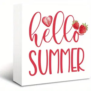 Rustic Hello Summer Strawberry Wooden Box Sign, Farmhouse Summer Strawberry Tiered Tray Decor, Home Tabletop Bookshelf Bathroom Decor, 5 x 5 Inches